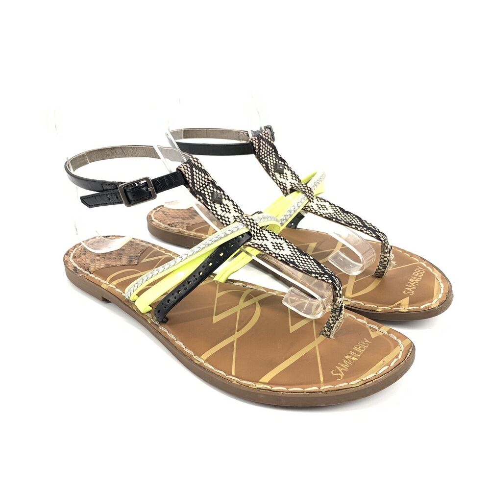 Sam & Libby Strappy Faux Leather Thong Sandals Size 8.5 Womens Lime Green Cream